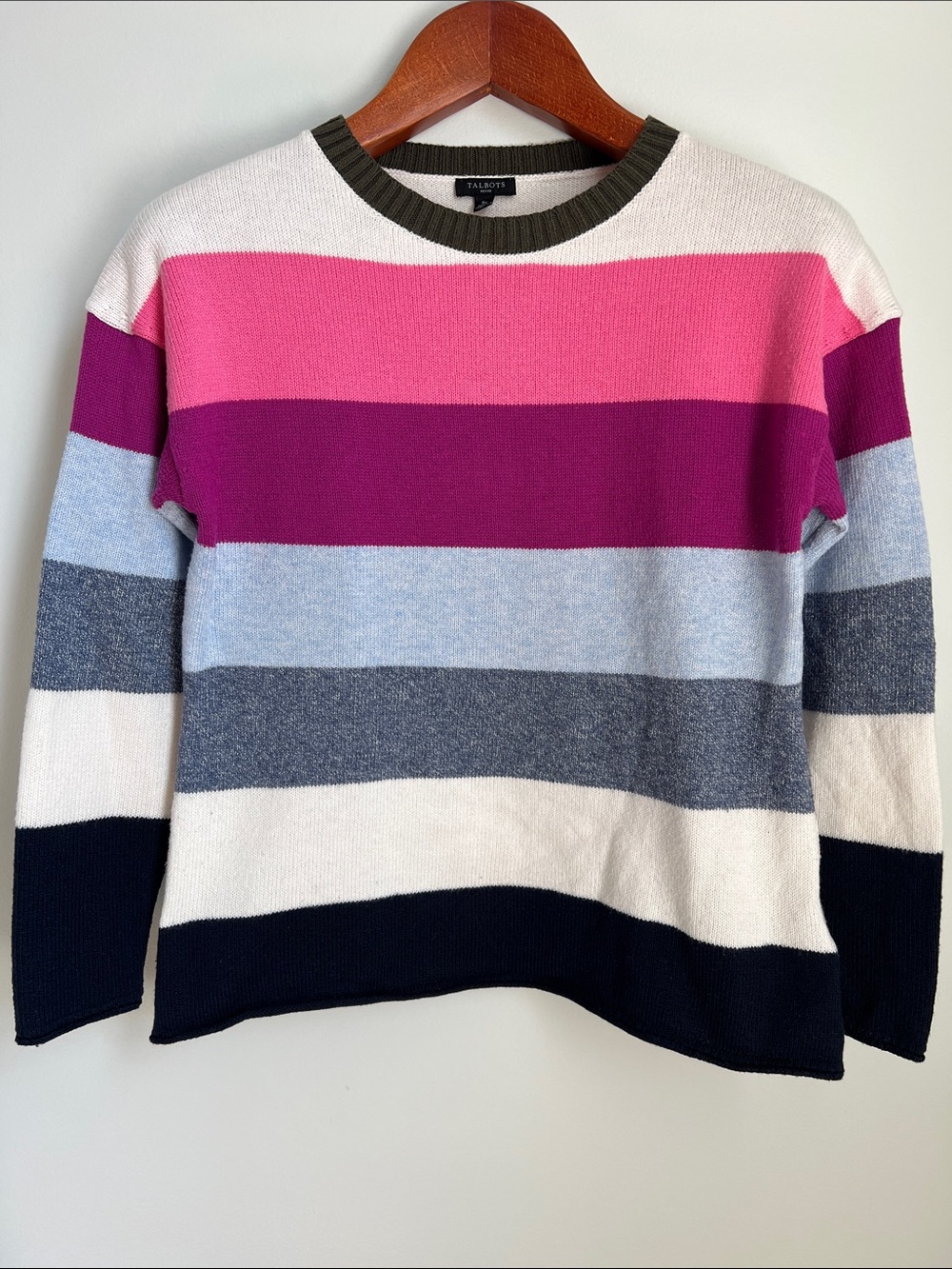 Talbots | Striped Crewneck Knit Sweater Pink, Magenta, Light Blue & Navy Size SP